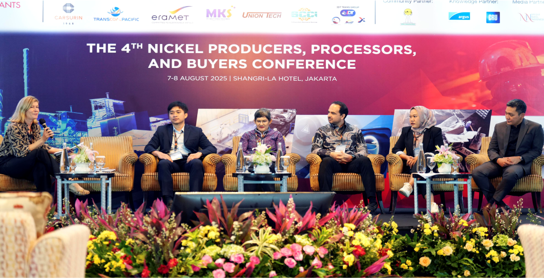 (Left to right) Moderator Angela Durrant, Principal Analyst of Base Metals; Muchtazar, Head of Sustainability at Nickel Industries Limited; Elviera Putri of PT Thiess Contractors Indonesia; Camilo Andres Gaona Villamizar, Director of ERM Indonesia; Rozanisa Widayanti, Environmental & ESG Consultant at Trinitan Green Energy Metals (TGEM); and Putra Adhiguna, Managing Director of Energy Shift Institute, are engaged in a discussion exploring environmental and social challenges, decarbonization strategies, the adoption of cleaner energy, and achieving global sustainability standards at the 4th Nickel Producers, Processors and Buyers Conference, hosted by Petromindo.com and Coal Metal Asia magazine on August 8, 2025, in Jakarta. (Lucky Ebenhaezer Ginting)