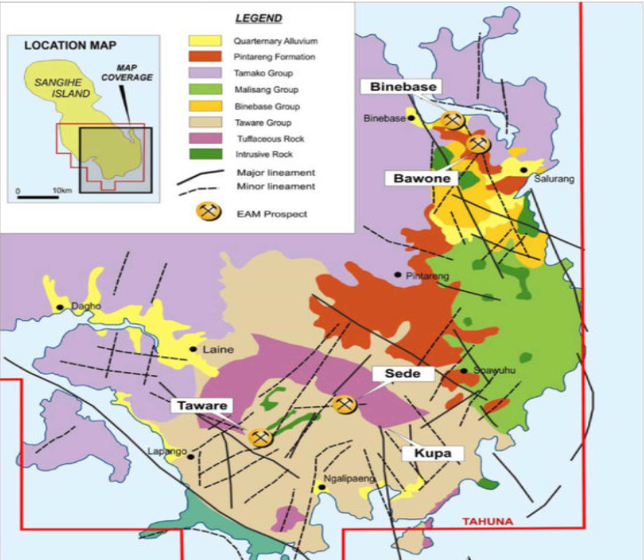 The five name exploration prospects on the Sangihe Property